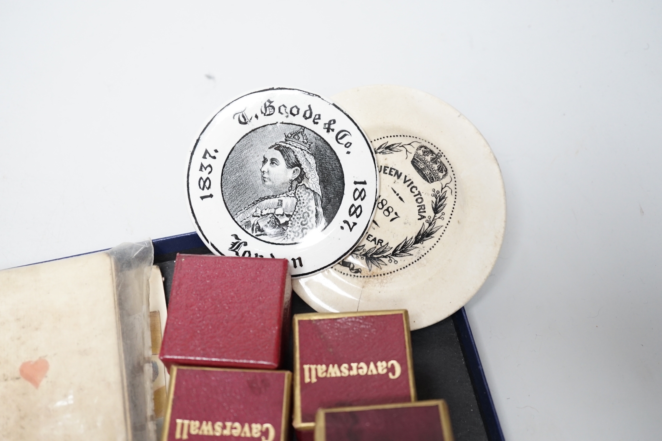 Objects including Edward VII commemorative prayer book, silver mounted box and miniature crown, boxed thimbles and two coin inset boxes, the largest 11cm wide